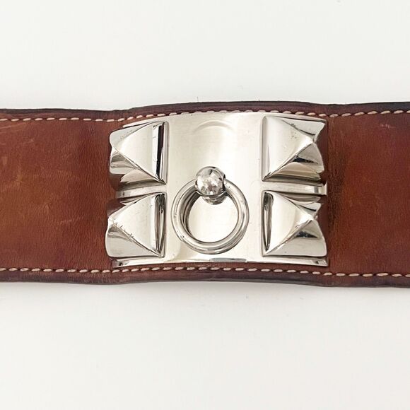 Hermès Collier De Chien CDC Bracelet Leather Brown Palladium Sz Small T1 Barenia - Picture 7 of 16